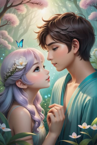 32K digital painting of 1boy-kiss-1girl by a soft anime-style nestled in a dreamscape, inspired by Nara Yoshitomo featuring pastel shades, whimsical creatures, interweaving Jeremiah Ketner's delicate flora and subtle surrealism, for a children's book illustration, gentle, ethereal, diffused natural light, intricate details, very high details, sharp background, mysticism, (Magic), 32K, 32K Quality close-up, (Beautifully Detailed Face and Fingers), (Five Fingers) Each Hand, creative glowing effect,aki