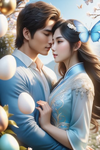 (Fidelity: 1.4), (Masterpiece, Best Quality: 1.5), Ultra High Resolution, Poster, Fantasy Art, Very Detailed Faces, 32K resolution, Chinese Style, a young romantic Taiwan couple close-up, Taiwan handsome boy and Taiwan pretty girl play with fantasy Easter bunnies and Easter Eggs in the fantasy eggland, best romance, Side Face, Quiet, Pale Blue outfits, Dark Brown Hair, white Ornament, White Ribbon, White Flower Bush, Light Blue Butterfly Flying, cinematic lighting effects, 