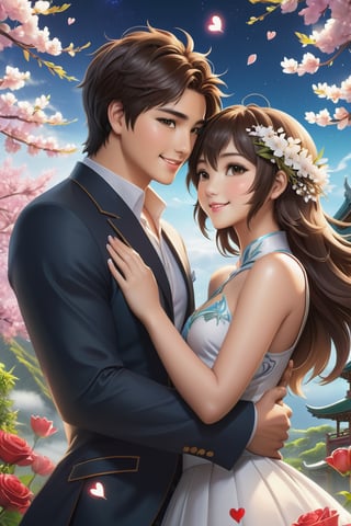 32K Magical Fantasy Sweet Valentine Line Art, Alpacifista. In this breathtaking image, a stunningly adorable sexy Taiwanese smiling teenage couple, who look like (sakimichan and makoto shinkai), in the most romantic sexy scenes ever, sexy couple, half-naked with flowers covered, intricate detail, very high detail, sharp background, mysticism, (magic), 32k, 32K quality, (beautifully detailed face and fingers), (five fingers) on each hand, creative fantasy glow effect,shards