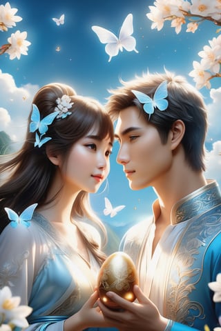 (Fidelity: 1.4), (Masterpiece, Best Quality: 1.5), Ultra High Resolution, Poster, Fantasy Art, Very Detailed Faces, 32K resolution, Chinese Style, a young romantic Taiwan couple close-up, Taiwan handsome boy and Taiwan pretty girl play with fantasy Easter bunnies and Easter Eggs in the fantasy eggland, best romance, Side Face, Quiet, Pale Blue outfits, Dark Brown Hair, white Ornament, White Ribbon, White Flower Bush, Light Blue Butterfly Flying, cinematic lighting effects, 