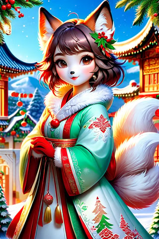 (Masterpiece, Best Quality: 1.5), Intricate paper sculpture, Christmas line art, 16K photo quality, a beautiful Christmas Taiwanese girl standing in a magic Christmas vally, 16K quality, (detailed beautifully face and fingers), (five fingers) each hand, clean background,3d figure,ral-chrcrts,kitsune