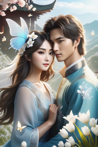 (Fidelity: 1.4), (Masterpiece, Best Quality: 1.5), Ultra High Resolution, Poster, Fantasy Art, Very Detailed Faces, 32K resolution, Chinese Style, a young romantic Taiwan couple close-up, Taiwan handsome boy and Taiwan pretty girl play with fantasy Easter bunnies and Easter Eggs in the fantasy eggland, best romance, Side Face, Quiet, Pale Blue outfits, Dark Brown Hair, white Ornament, White Ribbon, White Flower Bush, Light Blue Butterfly Flying, cinematic lighting effects, 