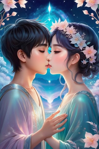 32K digital painting of 1boy-kiss-1girl by a soft anime-style nestled in a dreamscape, inspired by Nara Yoshitomo featuring pastel shades, whimsical creatures, interweaving Jeremiah Ketner's delicate flora and subtle surrealism, for a children's book illustration, gentle, ethereal, diffused natural light, intricate details, very high details, sharp background, mysticism, (Magic), 32K, 32K Quality close-up, (Beautifully Detailed Face and Fingers), (Five Fingers) Each Hand, creative glowing effect,aki