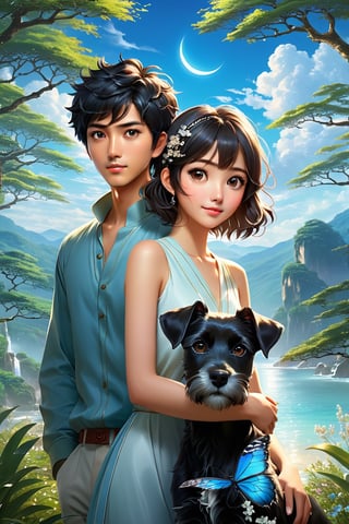 (Masterpiece, Best Quality: 1.5), 32K Magical Fantasy Romantic Line Art, Alpacifista. young, shiny, milky skin, a stunningly amazingly adorable big-eyes ((Taiwanese-teenage-couple)), who look like (sakimichan and makoto shinkai), 1boy and 1girl side by side, in a shimmering azure forest, a young Taiwanese teenage couple stroll hand in hand, accompanied by their beloved black schnauzer with head horns. The trio is bathed in the soft glow of the cerulean sky and the brilliant azure sun descending in the background. This dynamic and vivid image, likely a detailed painting, captures the couple's carefree spirit and the bond they share with their loyal canine companion. The rich hues and intricate details create a mesmerising scene that exudes tranquillity and harmony. intricate details, very high details, sharp background, mysticism, (Magic), 32K, 32K Quality close-up, (Beautifully Detailed Face and Fingers), (Five Fingers) Each Hand, creative glowing effect,