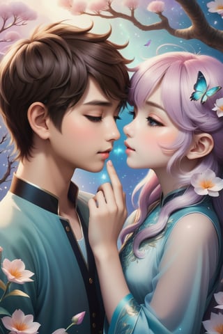 32K digital painting of 1boy-kiss-1girl by a soft anime-style nestled in a dreamscape, inspired by Nara Yoshitomo featuring pastel shades, whimsical creatures, interweaving Jeremiah Ketner's delicate flora and subtle surrealism, for a children's book illustration, gentle, ethereal, diffused natural light, intricate details, very high details, sharp background, mysticism, (Magic), 32K, 32K Quality close-up, (Beautifully Detailed Face and Fingers), (Five Fingers) Each Hand, creative glowing effect,aki