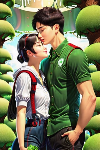 (Masterpiece, Best Quality: 1.5), 32K 3d digital painting. a shiny, milky skin, young, stunningly amazingly adorable big-eyes ((Taiwanese couple:2)), look like (sakimichan and makoto shinkai) style, 32K 3D fantasy digital painting of a young romantic Taiwanese couple close-up, full body, detailed face, look like (sakimichan and makoto shinkai) style, Taiwanese handsome boy and Taiwanese pretty girl have romantic kissing moment stand on Clover treehouse in clover treehouse-land, surrounded by unimaginable Clover clusters, 32K close-up