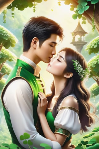 32K 3D fantasy digital painting of a young romantic Taiwanese couple close-up, full body, detailed face, Taiwanese handsome boy and Taiwanese pretty girl have romantic kissing moment stand on Clover treehouse in clover treehouse-land, surrounded by unimaginable Clover clusters, 32K close-up