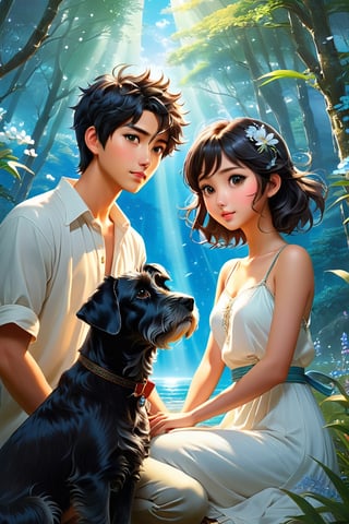 (Masterpiece, Best Quality: 1.5), 32K Magical Fantasy Romantic Line Art, Alpacifista. young, shiny, milky skin, a stunningly amazingly adorable big-eyes ((Taiwanese-teenage-couple)), who look like (sakimichan and makoto shinkai), 1boy and 1girl side by side, in a shimmering azure forest, a young Taiwanese teenage couple stroll hand in hand, accompanied by their beloved black schnauzer with head horns. The trio is bathed in the soft glow of the cerulean sky and the brilliant azure sun descending in the background. This dynamic and vivid image, likely a detailed painting, captures the couple's carefree spirit and the bond they share with their loyal canine companion. The rich hues and intricate details create a mesmerising scene that exudes tranquillity and harmony. intricate details, very high details, sharp background, mysticism, (Magic), 32K, 32K Quality close-up, (Beautifully Detailed Face and Fingers), (Five Fingers) Each Hand, creative glowing effect,