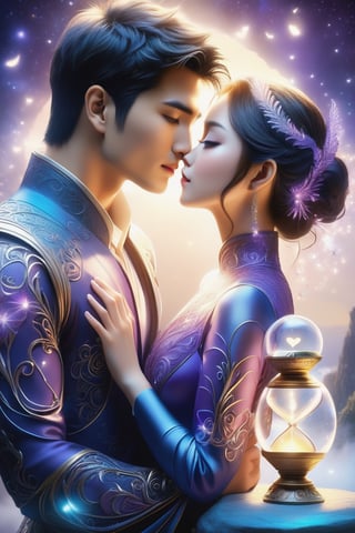 (Masterpiece, Best Quality: 1.5), 3D Poser Art, 32K magical romantic Taiwanese manga style, young cute romantic Taiwanese (hetero-couple) close-up, full body, big eyes, detailed face and fingers, short-haired Taiwanese handsome young man and his beautiful Taiwanese girlfriend kiss next to a extremely (giant fantasy hourglass), best starlight romance, purple-dark blue gradient filter, exquisite quality, 32K, 32K high quality, intricate lighting, luminism, very high details, sharp background, mysticism, (Magic), 32K, 32K (close-up), 32K (Beautifully Detailed Face and Fingers), (Five Fingers), cinematic glowing light effects,DonM3lv3nM4g1cXL