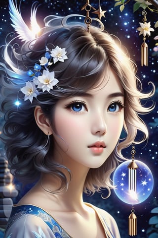 (Masterpiece, Best Quality: 1.5), Poser Art, 32K magical romantic (Taiwanese manga style:2), young cute romantic Taiwanese (hetero-couple close-up), full body, big eyes, detailed face and fingers, short-haired Taiwanese handsome young man and his beautiful Taiwanese girlfriend walk through wind chime cloister in a starry swirling whirlpool of bright lighting blue-white gradient hues, (wind chimes:2), tiny wind chimes, best starlight romance, blue-white gradient filter, exquisite quality, 32K, 32K high quality, intricate lighting, luminism, very high details, sharp background, mysticism, (Magic), 32K, 32K (close-up), 32K (Beautifully Detailed Face and Fingers), (Five Fingers), cinematic glowing light effects,DonMW15pXL