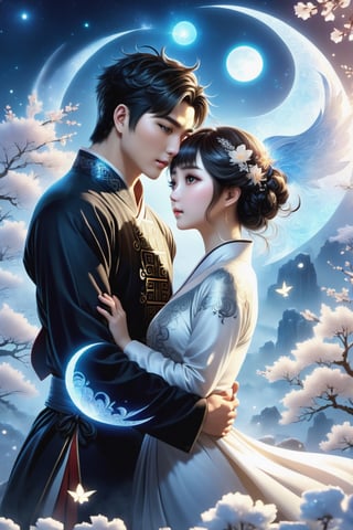 (masterpiece:1.5), (best quality:1.5), (ultra-detailed:1.5), (32K resolution:1.5), (close-up:1.2), 32K Magical Fantasy Romantic Korean Manga Art style of a young adorable romantic Taiwanese heter-couple close-up, full body, big-eyes, detailed face and fingers, Taiwanese handsome short-hair young man and his Taiwanese pretty girlfriend present Yin-Yang (Tai-Chi) Diagram in graveyard for Ching Ming Festival,DonMW15pXL,DonM5cy7h3XL,DonMD34thM4g1cXL,DonMSn0wM4g1cXL,shards