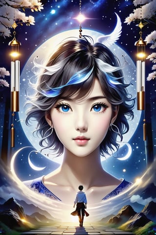 (Masterpiece, Best Quality: 1.5), Poser Art, 32K magical romantic (Taiwanese manga style:2), young cute romantic Taiwanese (hetero-couple close-up), full body, big eyes, detailed face and fingers, short-haired Taiwanese handsome young man and his beautiful Taiwanese girlfriend walk through wind chime cloister in a starry swirling whirlpool of bright lighting blue-white gradient hues, (wind chimes:2), tiny wind chimes, best starlight romance, blue-white gradient filter, exquisite quality, 32K, 32K high quality, intricate lighting, luminism, very high details, sharp background, mysticism, (Magic), 32K, 32K (close-up), 32K (Beautifully Detailed Face and Fingers), (Five Fingers), cinematic glowing light effects,DonMW15pXL