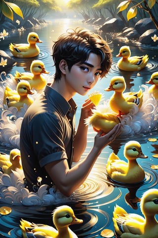 (masterpiece:1.5), (best quality:1.5), (ultra-detailed:1.5), (32K resolution:1.5), (close-up:1.2), 32K magical romantic Taiwanese comic art style, young cute romantic Taiwanese heterosexual close-up, full body, big eyes, detailed face and fingers, short-haired Taiwanese handsome boy and his beautiful Taiwanese girlfriend feeding ducks, many ducks, yellow ducks in a swirling whirlpool of golden hues, an intense emotion dances on the canvas,