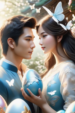 (Fidelity: 1.4), (Masterpiece, Best Quality: 1.5), Ultra High Resolution, Poster, Fantasy Art, Very Detailed Faces, 32K resolution, Chinese Style, a young romantic Taiwan couple close-up, Taiwan handsome boy and Taiwan pretty girl play with fantasy Easter bunnies and Easter Eggs in the fantasy eggland, best romance, Side Face, Quiet, Pale Blue outfits, Dark Brown Hair, white Ornament, White Ribbon, White Flower Bush, Light Blue Butterfly Flying, cinematic lighting effects, 