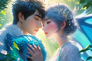 (Masterpiece, Best Quality: 1.5), 32K Magical Fantasy Romantic Line Art, Alpacifista. young, shiny, milky skin, a stunningly amazingly adorable big-eyes ((Taiwanese-teenage-couple)), who look like (sakimichan and makoto shinkai), 1boy and 1girl side by side, in a shimmering azure forest, a young Taiwanese teenage couple stroll hand in hand, accompanied by their beloved green schnauzer with head horns. The trio is bathed in the soft glow of the cerulean sky and the brilliant azure sun descending in the background. This dynamic and vivid image, likely a detailed painting, captures the couple's carefree spirit and the bond they share with their loyal canine companion. The rich hues and intricate details create a mesmerising scene that exudes tranquillity and harmony. intricate details, very high details, sharp background, mysticism, (Magic), 32K, 32K Quality close-up, (Beautifully Detailed Face and Fingers), (Five Fingers) Each Hand, creative glowing effect,DonM3lv3nM4g1cXL,stworki,dragon,DonMB4nsh33XL ,potma style,shards,Disney pixar style,Dragon,aki,aoki,glass,brocken glass