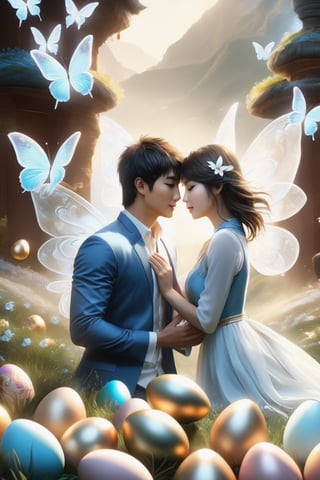 (Fidelity: 1.4), (Masterpiece, Best Quality: 1.5), Ultra High Resolution, Poster, Fantasy Art, Very Detailed Faces, 32K resolution, Chinese Style, a young romantic Taiwan couple close-up, Taiwan handsome boy and Taiwan pretty girl play with fantasy Easter bunnies and Easter Eggs in the fantasy eggland, best romance, short hair man, Quiet, Pale Blue outfits, Dark Brown Hair, white Ornament, White Ribbon, White Flower Bush, Light Blue Butterfly Flying, cinematic lighting effects, 