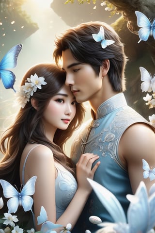 (Fidelity: 1.4), (Masterpiece, Best Quality: 1.5), Ultra High Resolution, Poster, Fantasy Art, Very Detailed Faces, 32K resolution, Chinese Style, a young romantic Taiwan couple close-up, Taiwan handsome boy and Taiwan pretty girl play with fantasy Easter bunnies and Easter Eggs in the fantasy eggland, best romance, Side Face, Quiet, Pale Blue outfits, Dark Brown Hair, white Ornament, White Ribbon, White Flower Bush, Light Blue Butterfly Flying, cinematic lighting effects, 