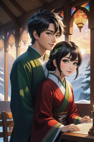 (Masterpiece, Best Quality: 1.5), 32K mail art, , Alpacifista.fantasy, fairytale, detailed splatter ink, dynamic poster, comic style art, black colours, young, shiny, milky skin, a stunningly amazingly adorable big-eyes ((Taiwanese teenage couple)), in (sakimichan and makoto shinkai) style, 1boy and 1girl side by side, perfect handsome-beauty, best romance, winter time, holiday, detail face, perfect haired, gradation colour hair, anime, mysterious background: small cabin terrace, winter, smile expression, dynamic pose, light on face, shadow play, perfect face, sharp glowing perfect eyes, by James Jean, Craola, Andy Kehoe, Dorian Vallejo, Damian Lechoszest, Todd Lockwood, patchwork, stained glass, storybook illustration, highly detailed unusual beautiful details,  tiny details masterpiece, intricate details, very high details, sharp background, mysticism, (Magic), 32K, 32K Quality close-up, (Beautifully Detailed Face and Fingers), (Five Fingers) Each Hand, creative glowing effect, aki

