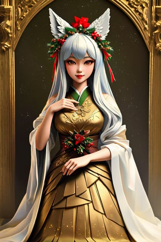 (Masterpiece, Best Quality: 1.5), Intricate paper sculpture, Christmas line art, 16K photo quality, a beautiful Christmas Taiwanese girl standing in a magic Christmas vally, 16K quality, (detailed beautifully face and fingers), (five fingers) each hand, clean background,3d figure,ral-chrcrts,kitsune