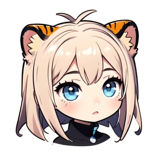 centered, solo, digital art, | cute fusion of a cute girl head with beige hair and tiger ears, chibi, black and blue sky futuristic, neon lights, | (white background:1.2), simple background, | (symetrical), ,Animal,