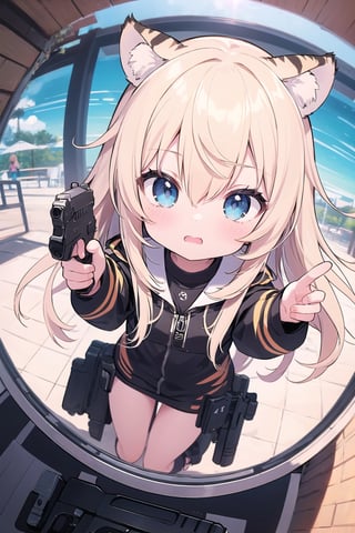 godoacrime, from above, chibi, pov, holding gun, handgun, 1girl, fisheye, dynamic pose, beige hair, blue eyes, long hair, tiger orange ears