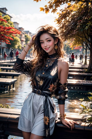 girls, 8K, best quality, masterpiece, smile, real skin:1.1, shinny hair, shiny skin, bright_face, smile face, The theme words are autumn, clouds, foliage, and sunshine, The background should depict the breathtaking beauty of a fantastical autumn, encompassing the grandeur and magnificence of nature, The clothing represents a variety of fashion styles, including casual and dresses, with a range of colors that complement the autumn season.,High detailed, viewing up, various dynamic pose, upper_body