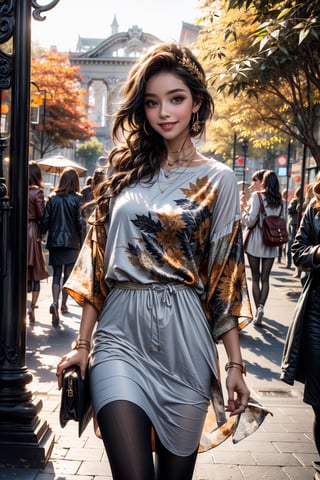 girls, 8K, best quality, masterpiece, smile, real skin:1.1, shinny hair, shiny skin, bright_face, smile face, The theme words are autumn, clouds, foliage, and sunshine, The background should depict the breathtaking beauty of a fantastical autumn, encompassing the grandeur and magnificence of nature, The clothing represents a variety of fashion styles, including casual and dresses, with a range of colors that complement the autumn season.,High detailed, viewing up, curvy