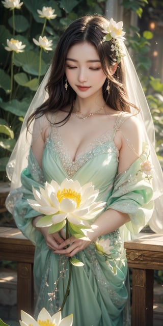 "In an enchanting space where lotus blossoms gracefully, the essence of purity blends with the surroundings, unfolding joy and a fantastical beauty. Bathed in radiant light, the entire scene resonates with a dazzling glow, as if nature itself is creating a special moment, embracing the light in a song of splendor."