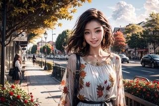 girls, 8K, best quality, masterpiece, smile, real skin:1.1, shinny hair, shiny skin, bright_face, smile face, The theme words are autumn, clouds, foliage, and sunshine, The background should depict the breathtaking beauty of a fantastical autumn, encompassing the grandeur and magnificence of nature, The clothing represents a variety of fashion styles, including casual and dresses, with a range of colors that complement the autumn season.,High detailed, viewing up