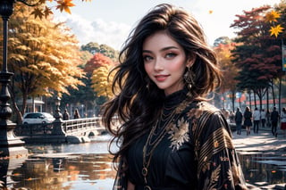 girls, 8K, best quality, masterpiece, smile, real skin:1.1, shinny hair, shiny skin, bright_face, smile face, The theme words are autumn, clouds, foliage, and sunshine, The background should depict the breathtaking beauty of a fantastical autumn, encompassing the grandeur and magnificence of nature, The clothing represents a variety of fashion styles, including casual and dresses, with a range of colors that complement the autumn season.,High detailed, viewing up, various dynamic pose, upper_body, Fashion designer Coco Chanel, sunny