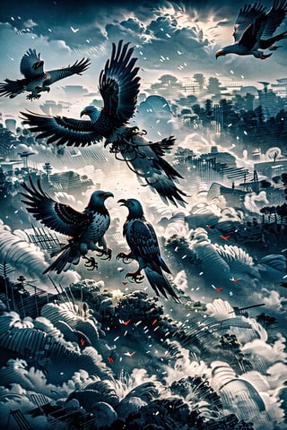 
"Crows, eagles, pigeons, and falcons, the avian predators of the sky, engage in a fierce battle, intertwining with one another in aerial combat."