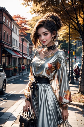 girls, 8K, best quality, masterpiece, smile, real skin:1.1, shinny hair, shiny skin, bright_face, smile face, The theme words are autumn, clouds, foliage, and sunshine, The background should depict the breathtaking beauty of a fantastical autumn, encompassing the grandeur and magnificence of nature, The clothing represents a variety of fashion styles, including casual and dresses, with a range of colors that complement the autumn season.,High detailed, viewing up, various dynamic pose, upper_body, Fashion designer Coco Chanel, sunny