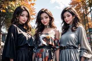 girls, 8K, best quality, masterpiece, smile, real skin:1.1, shinny hair, shiny skin, bright_face, smile face, The theme words are autumn, clouds, foliage, and sunshine, The background should depict the breathtaking beauty of a fantastical autumn, encompassing the grandeur and magnificence of nature, The clothing represents a variety of fashion styles, including casual and dresses, with a range of colors that complement the autumn season.,High detailed, viewing up