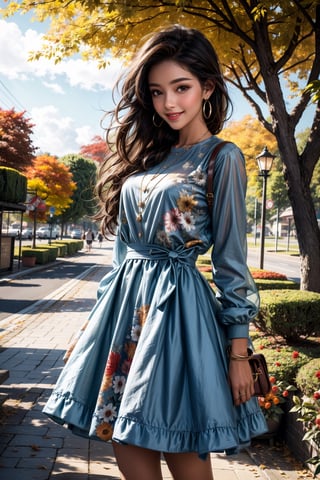 girls, 8K, best quality, masterpiece, smile, real skin:1.1, shinny hair, shiny skin, bright_face, smile face, The theme words are autumn, clouds, foliage, and sunshine, The background should depict the breathtaking beauty of a fantastical autumn, encompassing the grandeur and magnificence of nature, The clothing represents a variety of fashion styles, including casual and dresses, with a range of colors that complement the autumn season.,High detailed, viewing up