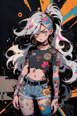 masterpiece, full_body, ruanyi0220, body tattoos, BJ_Violent_graffiti, illustration, 1girl, solo, long hair, shirt, black hair, thighhighs, navel, holding, jewelry, very long hair, closed mouth, standing, white hair, grey hair, pantyhose, multicolored hair, shorts, choker, midriff, black thighhighs, necklace, hair over one eye, two-tone hair, torn clothes, black shirt, short shorts, black choker, black shorts, torn thighhighs, single leg pantyhose, instrument case, guitar case