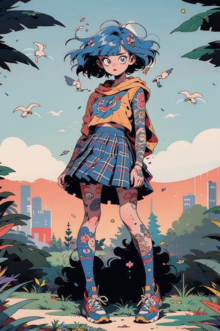 masterpiece, full_body, ruanyi0220, body tattoos, BJ_Violent_graffiti, illustration, 1girl, solo, looking at viewer, short hair, bangs, skirt, shirt, blue hair, standing, full body, pleated skirt, outdoors, shoes, hood, miniskirt, tree, plaid, bare legs,  plaid skirt, plant, sneakers