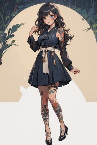 ((masterpiece, high quality, best quality, 8k, fine lineart, highly detailed, absurdres)), body tattoo,1girl, solo, long hair, breasts, looking at viewer, bangs, blue eyes, black hair, dress, bare shoulders, jewelry, medium breasts, closed mouth, standing, full body, earrings, sleeveless, hand up, black footwear, black dress, high heels, tattoo, sleeveless dress, arm tattoo, shoulder tattoo, leg tattoo,Retro,ruanyi0220,hanbok