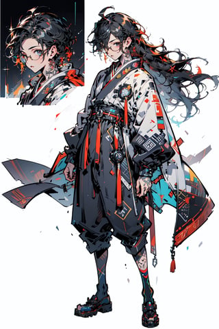 ((masterpiece, high quality, best quality, 8k, fine lineart, highly detailed, absurdres)), hanbok, ruanyi0220, body tattoo,wrenchftmfshn, 1boy, standing, full_body, longhair, glasses