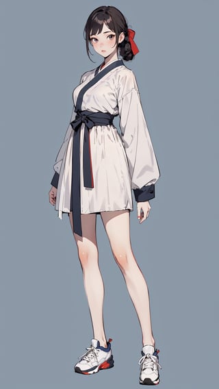 ((masterpiece, high quality, best quality, 8k, fine lineart, highly detailed, absurdres)),1girl, solo, full-body, sneakers,bare legs, tiny_breasts, niji, simple_background,AS,hanbok