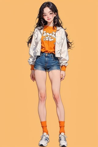 ((masterpiece, high quality, best quality, 8k, fine lineart, highly detailed, absurdres)), 1girl, solo, long_hair, bare legs, smile, orange socks, 
white sneakers, denim short_pants, shirts, long_sleeves, jacket, standing, full_body, simple_background, orange 
 background, in of frame
