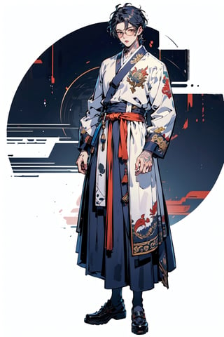 ((masterpiece, high quality, best quality, 8k, fine lineart, highly detailed, absurdres)), hanbok, ruanyi0220, body tattoo,wrenchftmfshn, 1boy, standing, full_body, longhair, glasses