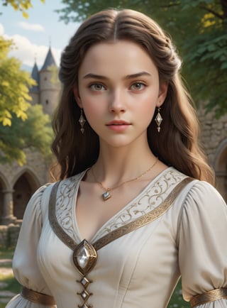 ,  (16yo, exceptionally beautiful girl), (white skin color),  (brown iris:1.00), (black hair:1.00), 16yo princess in medieval teenage romance fantasy, ultra highly detailed realistic 3d face, unreal engine, real person, skin with pores, robust jawline, chin raised, perfect eye symmetry in harmony with face, pristine brown eyes, black-colored beautiful hair, perfectly balanced face components, neutral expression on face, smart intelligent gaze, realistic head to body ratio, masterful usage of cinematic lighting,   (wearing light-colored white blouse in medieval teenage romance fantasy story),  (minimalistic tiny maple leaves printed on blouse), (wearing one simple small diamond accessory on hair), movie still,  amazing saturation, UHD, 8K RAW PHOTO, maintaining pose, same pose as source image, swf,detailmaster2 