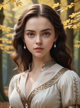   ,  (fullbody shot photography), (16yo, exceptionally beautiful girl), (white skin color),  (brown iris), (black hair), 16yo princess in medieval teenage romance fantasy, ultra highly detailed realistic 3d face, unreal engine, real person, skin with pores, robust jawline, chin raised, perfect eye symmetry in harmony with face, perfectly balanced face components, exceedingly rounded eyebrows, smart intelligent gaze, realistic head to body ratio, masterful usage of cinematic lighting,   (wearing light-colored white blouse in medieval teenage romance fantasy story),  (minimalistic tiny maple leaves printed on blouse), (wearing one simple small diamond accessory on hair), movie still,  amazing saturation, UHD, 8K RAW PHOTO, (quarreling with her mouth wide open, frustrated), nswf,detailmaster2 