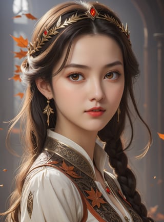 , 1girl, name is Aut1umn, princess of fantasy kingdom, perfect blending of medieval romance:0.8,  cyberpunk:0.2, Korean teenage girl, 16yo,  white skin color, high cheekbone, wide round chin, 
 ultra highly detailed realistic face, perfectly balanced face features in perfect ratio, face symmetry, ultra highly detailed realistic eyes, brown color iris, hint of smile:0.4, super smart, Fair-minded, Empathetic personality   (((black hair:1.0))), shorter hair,  (short neck),      (wearing light-colored white blouse in medieval romance fantasy story),  (minimalistic tiny autumn leaf shape pattern, extremely small pattern on blouse), (wearing two simple tiny small accessories on hair:1.0), swf, wearing clothes, censored, masterpiece, portrait photography, amazing color, Fujifilm XT3, highly detailed realistic face, highly detailed eyes, perfect ratio:0.95, UHD, 8K RAW PHOTO, wallpaper, simple blurry background,detailmaster2 