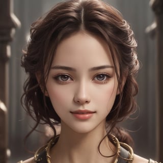  , 1girl, name is Aut1umn, princess of fantasy kingdom, perfect blending of medieval romance:0.8,  cyberpunk:0.2, exceptionally beautiful teenage girl, 16yo,  white skin color, high cheekbone, (highly detailed realistic face, perfectly balanced face features, (perfect ratio), face symmetry), (perpendicular face angle), ultra highly detailed realistic eyes, brown color iris, hint of smile, super smart, Fair-minded, Empathetic personality , (ultra detailed realistic black hair:1.0), (perfect face symmetry),  masterpiece, portrait photography, amazing color, Fujifilm XT3,  UHD, 8K RAW PHOTO, wallpaper, simple blurry background ,Detailedface,eungirl