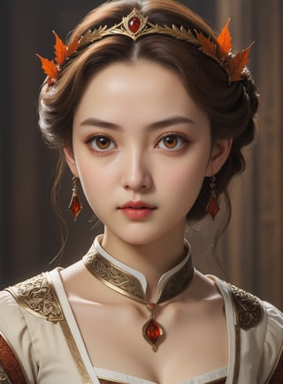  , 1girl, name is Aut1umn, princess of fantasy kingdom, perfect blending of medieval romance:0.8,  cyberpunk:0.2, Korean teenage girl, 16yo,  white skin color, high cheekbone, wide round chin, 
 ultra highly detailed realistic face, perfectly balanced face features in perfect ratio, face symmetry, ultra highly detailed realistic eyes, brown color iris, hint of smile:0.4, super smart, Fair-minded, Empathetic personality   (((ultra highly detailed realistic smaller eyes:1.33))), shorter hair,  (short neck),      (wearing light-colored white blouse in medieval romance fantasy story),  (minimalistic tiny autumn leaf shape pattern, extremely small pattern on blouse), (wearing two simple tiny small accessories on hair:1.0), swf, wearing clothes, censored, masterpiece, portrait photography, amazing color, Fujifilm XT3, highly detailed realistic face, highly detailed eyes, perfect ratio:0.95, UHD, 8K RAW PHOTO, wallpaper, simple blurry background,detailmaster2 