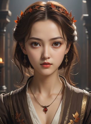  , 1girl, name is Aut1umn, princess of fantasy kingdom, perfect blending of medieval romance:0.8,  cyberpunk:0.2, Korean teenage girl, 16yo,  white skin color, high cheekbone, wide round chin, 
 ultra highly detailed realistic face, perfectly balanced face features in perfect ratio, face symmetry, ultra highly detailed realistic eyes, brown color iris, hint of smile:0.4, super smart, Fair-minded, Empathetic personality   (((ultra highly detailed realistic smaller eyes:1.33))), shorter hair,  (short neck),      (wearing light-colored white blouse in medieval romance fantasy story),  (minimalistic tiny autumn leaf shape pattern, extremely small pattern on blouse), (wearing two simple tiny small accessories on hair:1.0), swf, wearing clothes, censored, masterpiece, portrait photography, amazing color, Fujifilm XT3, highly detailed realistic face, highly detailed eyes, perfect ratio:0.95, UHD, 8K RAW PHOTO, wallpaper, simple blurry background,detailmaster2 