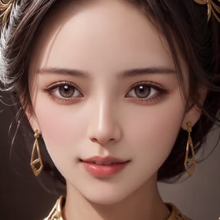  , 1girl, name is Aut1umn, princess of fantasy kingdom, perfect blending of medieval romance:0.8,  cyberpunk:0.2, exceptionally beautiful teenage girl, 16yo,  white skin color, high cheekbone, (highly detailed realistic face, perfectly balanced face features, (perfect ratio), face symmetry), (perpendicular face angle), ultra highly detailed realistic eyes, brown color iris, hint of smile, super smart, Fair-minded, Empathetic personality , (ultra detailed realistic black hair:1.0), (perfect face symmetry),  masterpiece, portrait photography, amazing color, Fujifilm XT3,  UHD, 8K RAW PHOTO, wallpaper, simple blurry background ,Detailedface,eungirl