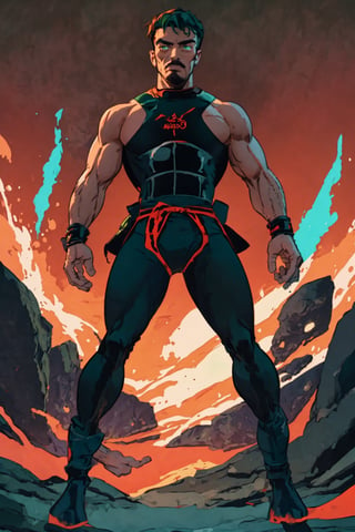 4K UHD illustration,  upscaled professional drawing HDR,  athletic built male,  full_body image,  standing,  looking away from viewer,  form fitting tight black bodysuit under red ninja costume, bare muscular arms,  steel shin and wrist pads,  black pants, red loincloth,  stern expression,  intense green eyes,  swirling green smoke background,  centered,  dynamic,  detailed,  300dpi,  masterpiece,  finest quality art 