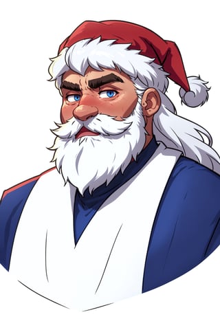 4K UHD illustration,  upscaled professional drawing HDR,  stern older male,  handsome male focus,  intense blue eyes,  eyebrows visible through hair,  long curly white hair (:1.9) full santa style thick white beard (:1.9) detailed red santa hat (:1.9) classic santa costume (:1.9) looking-into-camera,  blank background, perfect anatomy, 300dpi,  upscaled 8K, masterpiece (:1.9) portrait,  finest quality art,  sharp focus 
ARTSTYLE_(1man),zbzr,zrpt